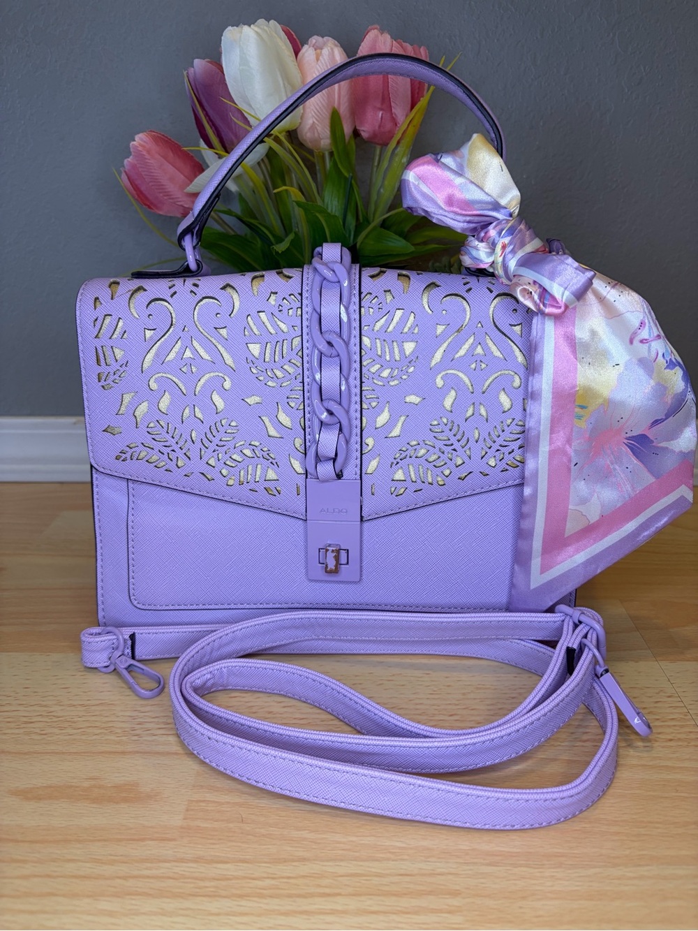 Aldo Lavender Laser-Cut Top Handle Satchel with Scarf